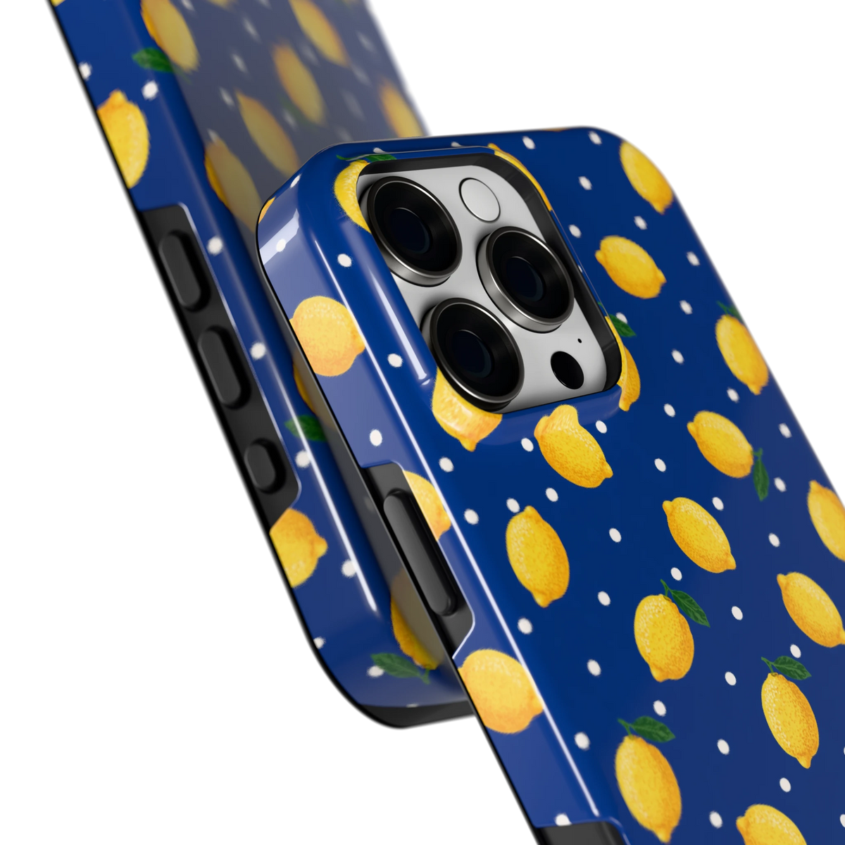 Citroenen op marineblauw hoesje voor iPhone 16 Pro Max, close-up
