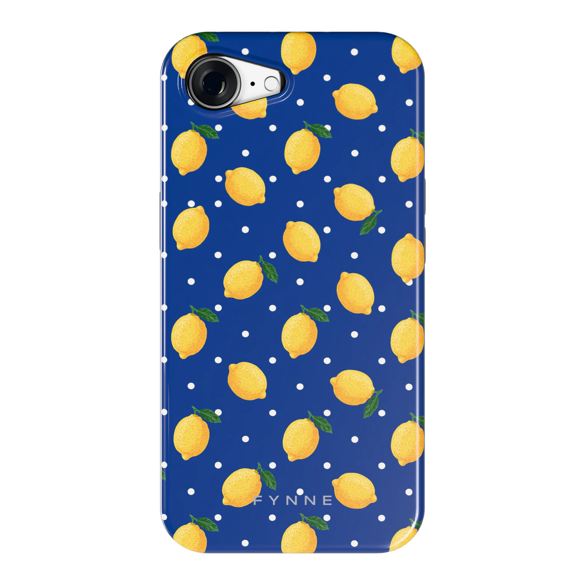 Citroenen op marineblauw hoesje voor iPhone 16e, achterkant