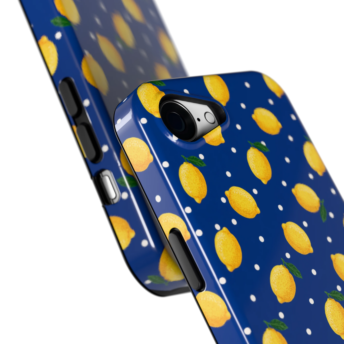 Citroenen op marineblauw hoesje voor iPhone 16e, close-up