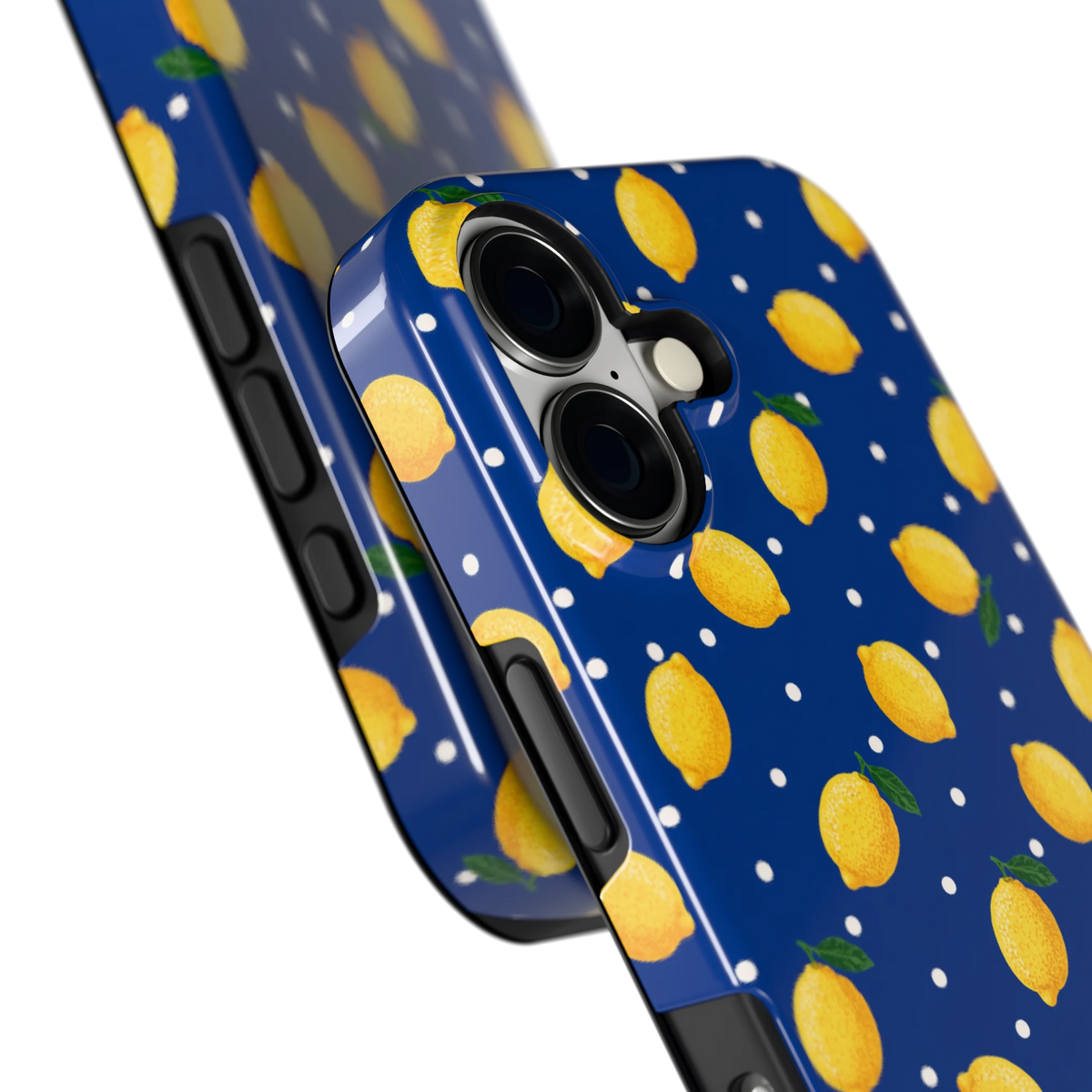 Citroenen op marineblauw hoesje voor iPhone 17, close-up
