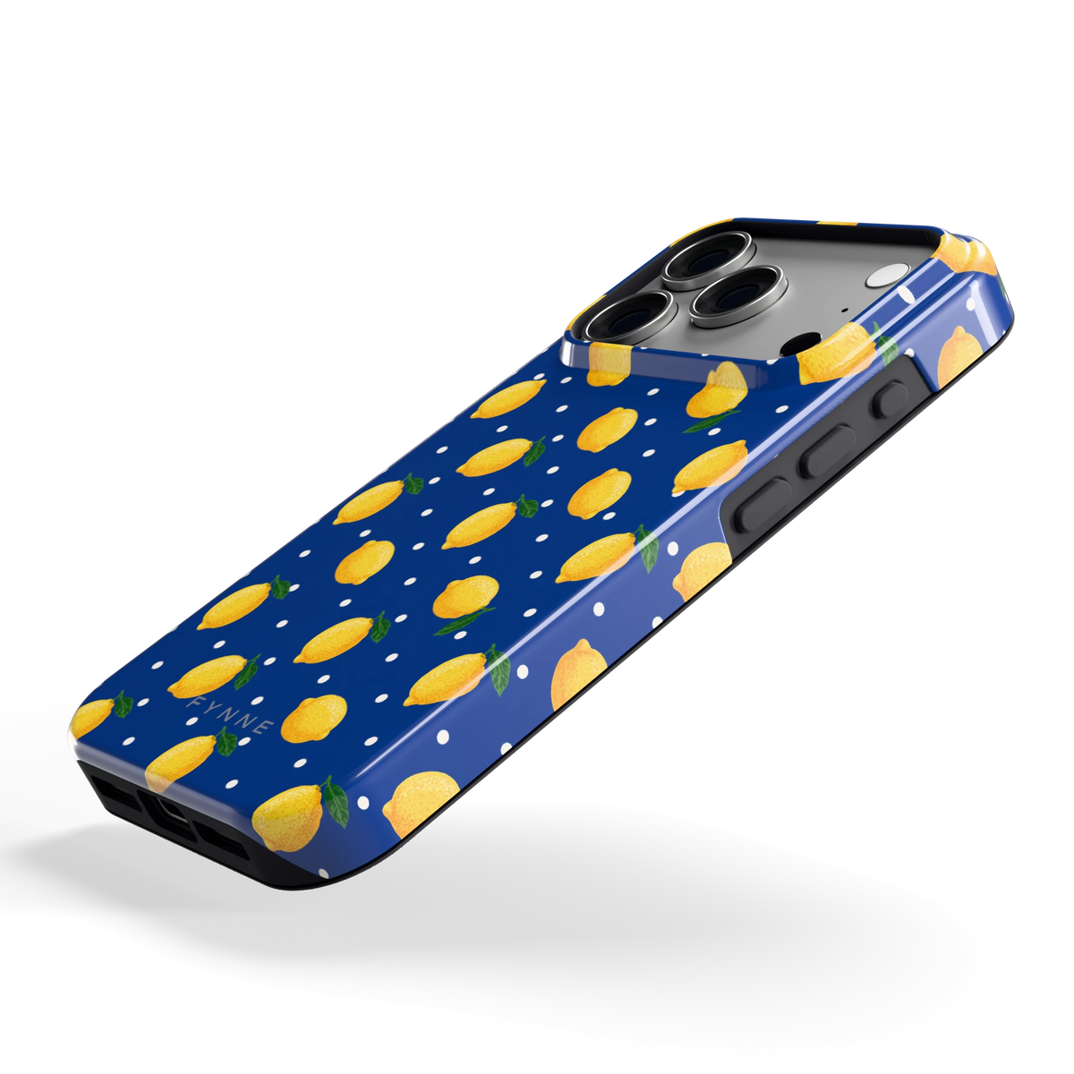 Citroenen op marineblauw hoesje voor iPhone 18 Pro, schuin