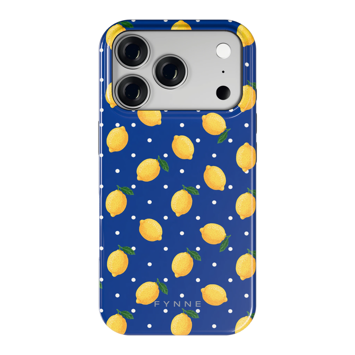 Citroenen op marineblauw hoesje voor iPhone 18 Pro, achterkant