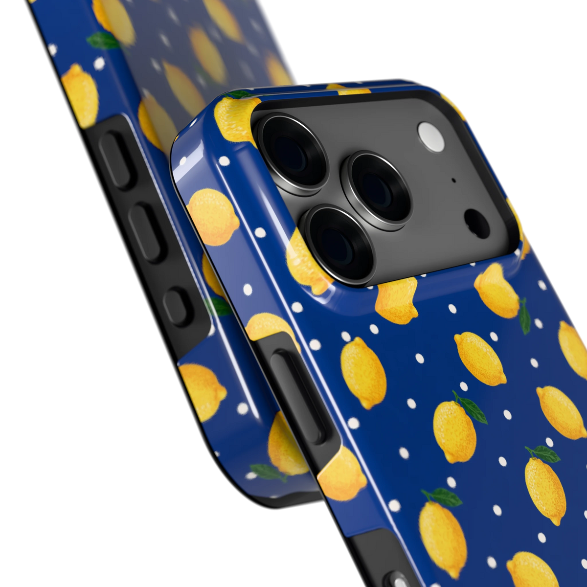 Citroenen op marineblauw hoesje voor iPhone 18 Pro, close-up