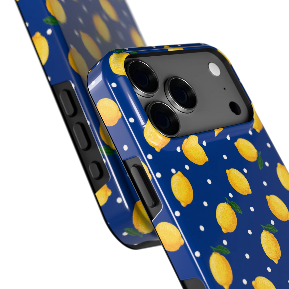 Citroenen op marineblauw hoesje voor iPhone 18 Pro Max, close-up