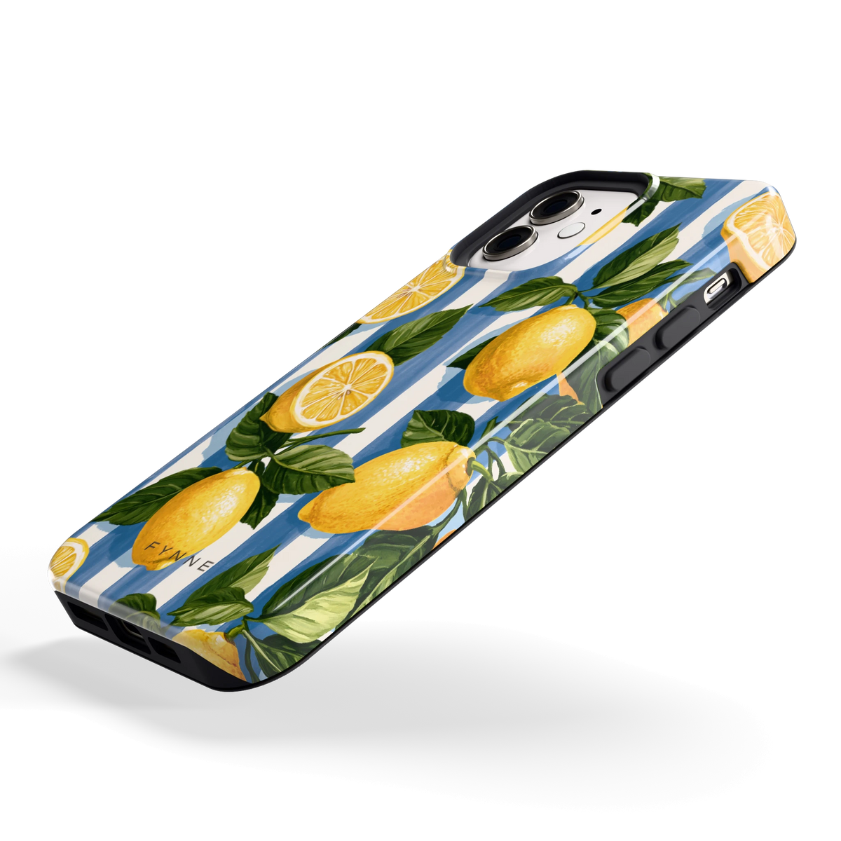 Citroenen op Strepen hoesje voor iPhone 12, schuin
