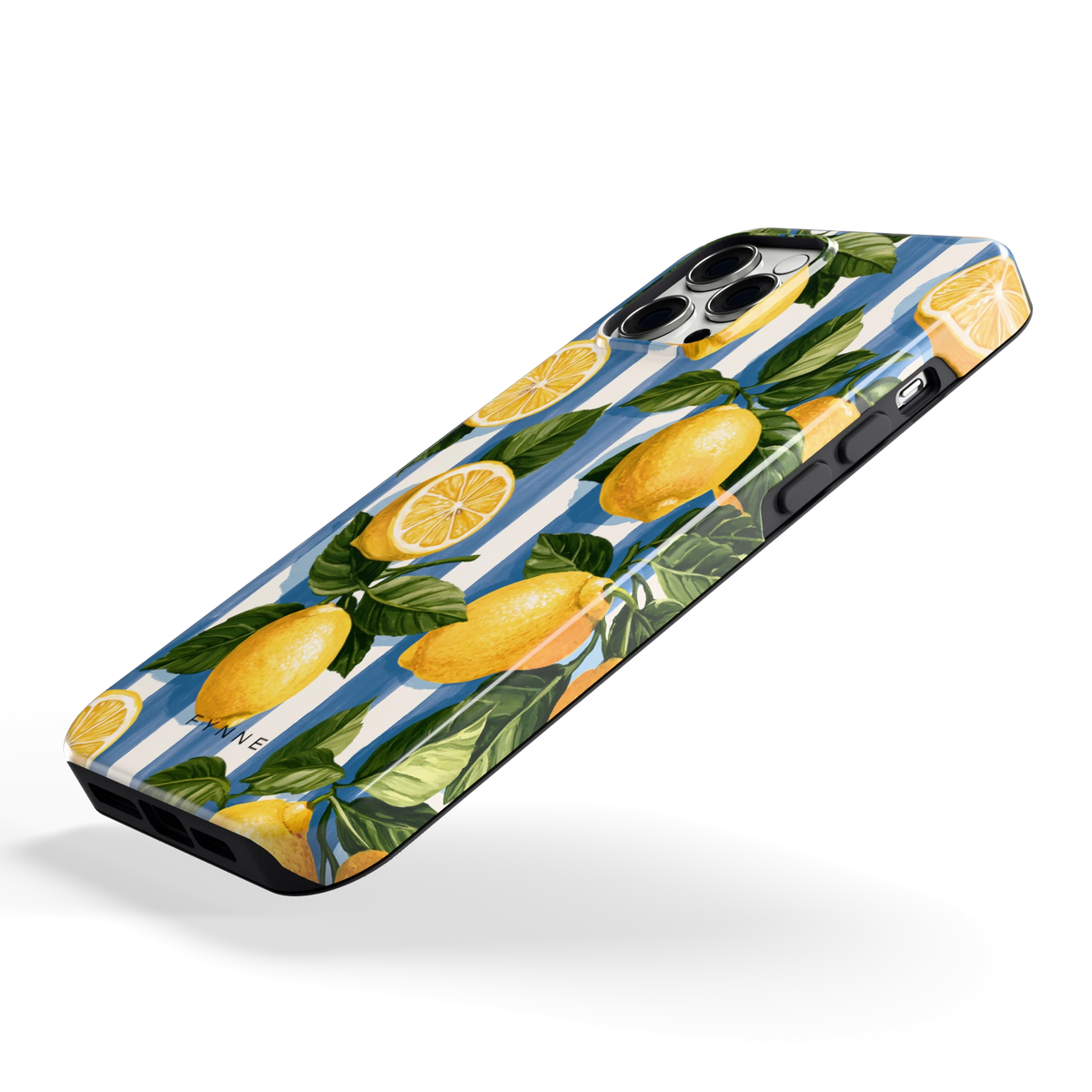 Citroenen op Strepen hoesje voor iPhone 12 Pro Max, schuin