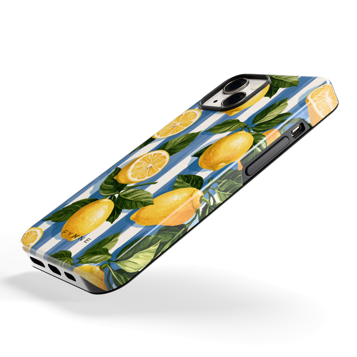 Citroenen op Strepen hoesje voor iPhone 13, schuin