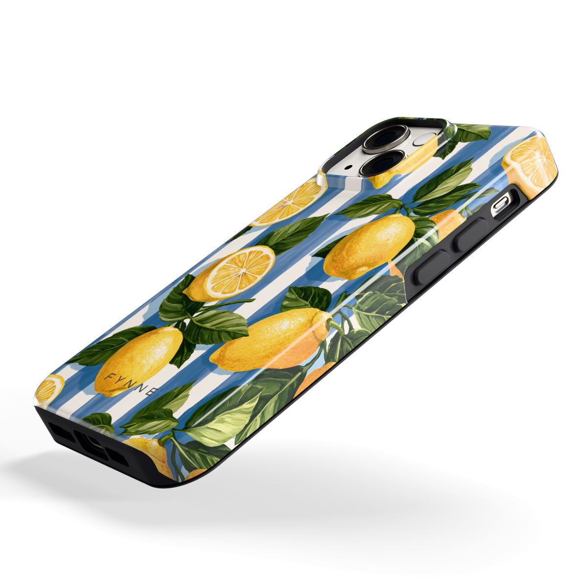 Citroenen op Strepen hoesje voor iPhone 13 mini, schuin