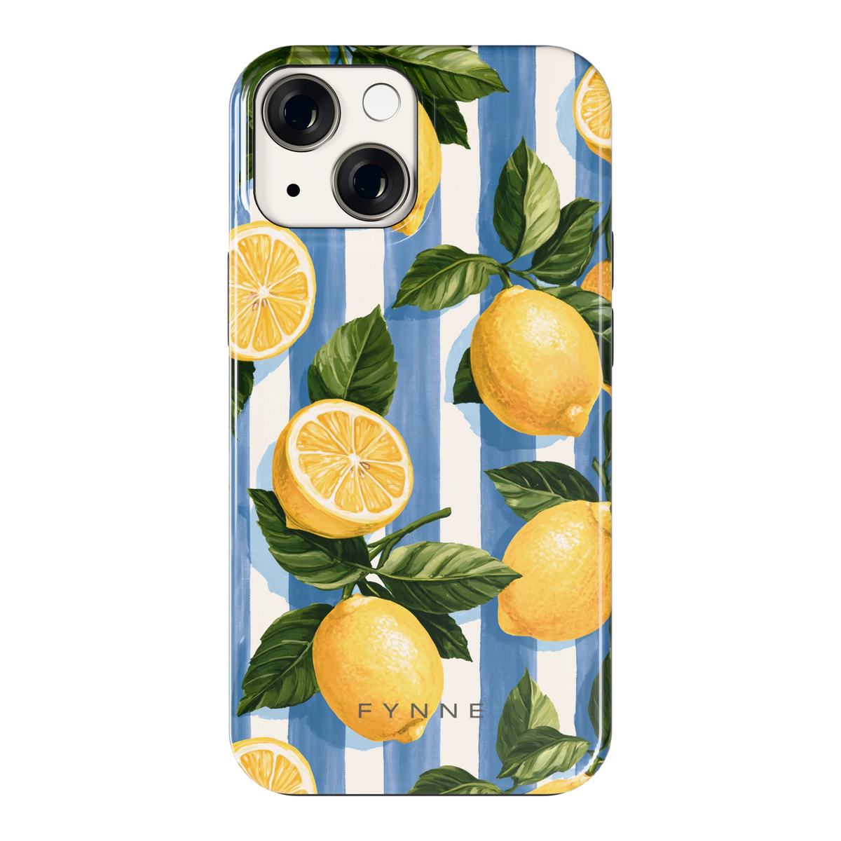 Citroenen op Strepen hoesje voor iPhone 13 mini, achterkant