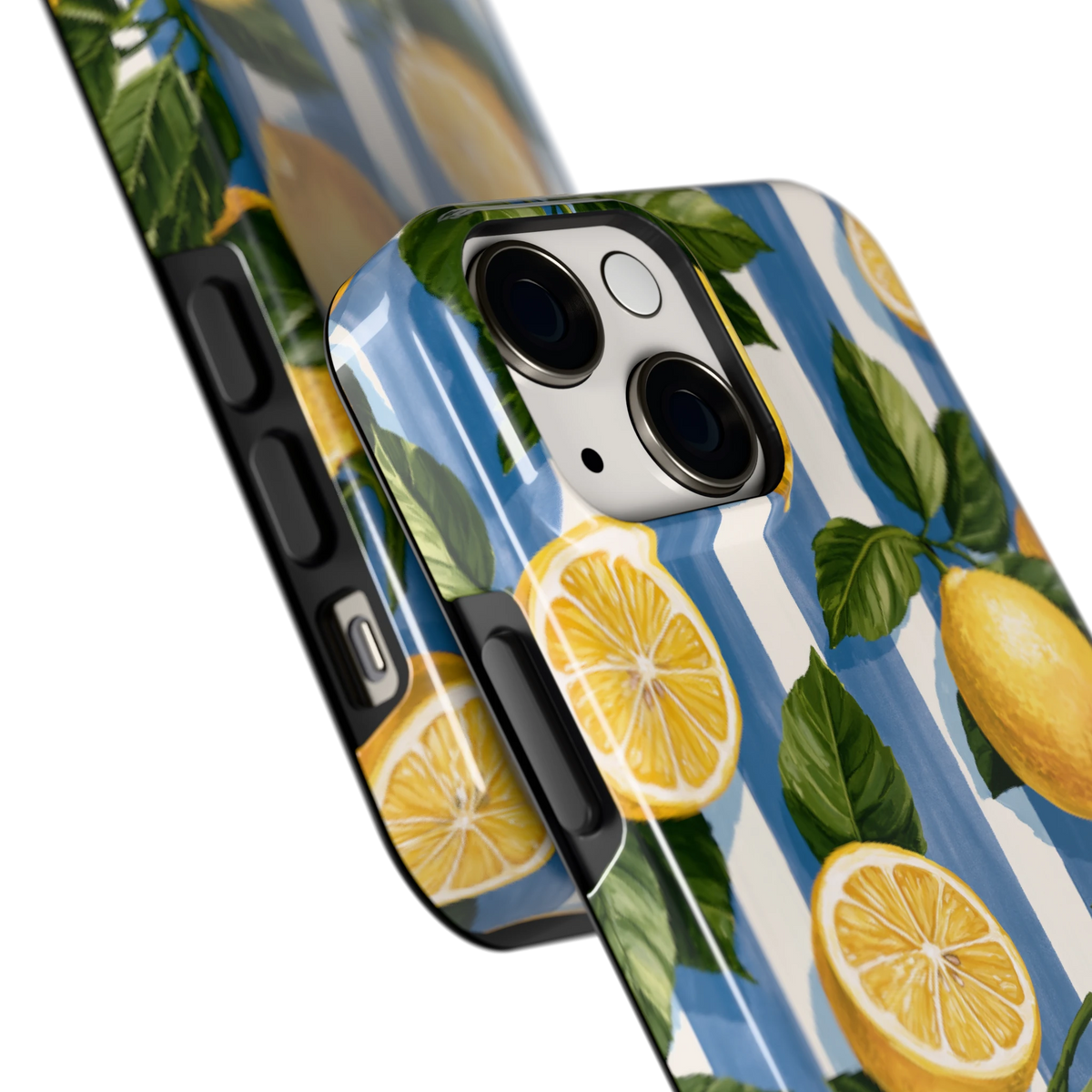 Citroenen op Strepen hoesje voor iPhone 13 mini, close-up