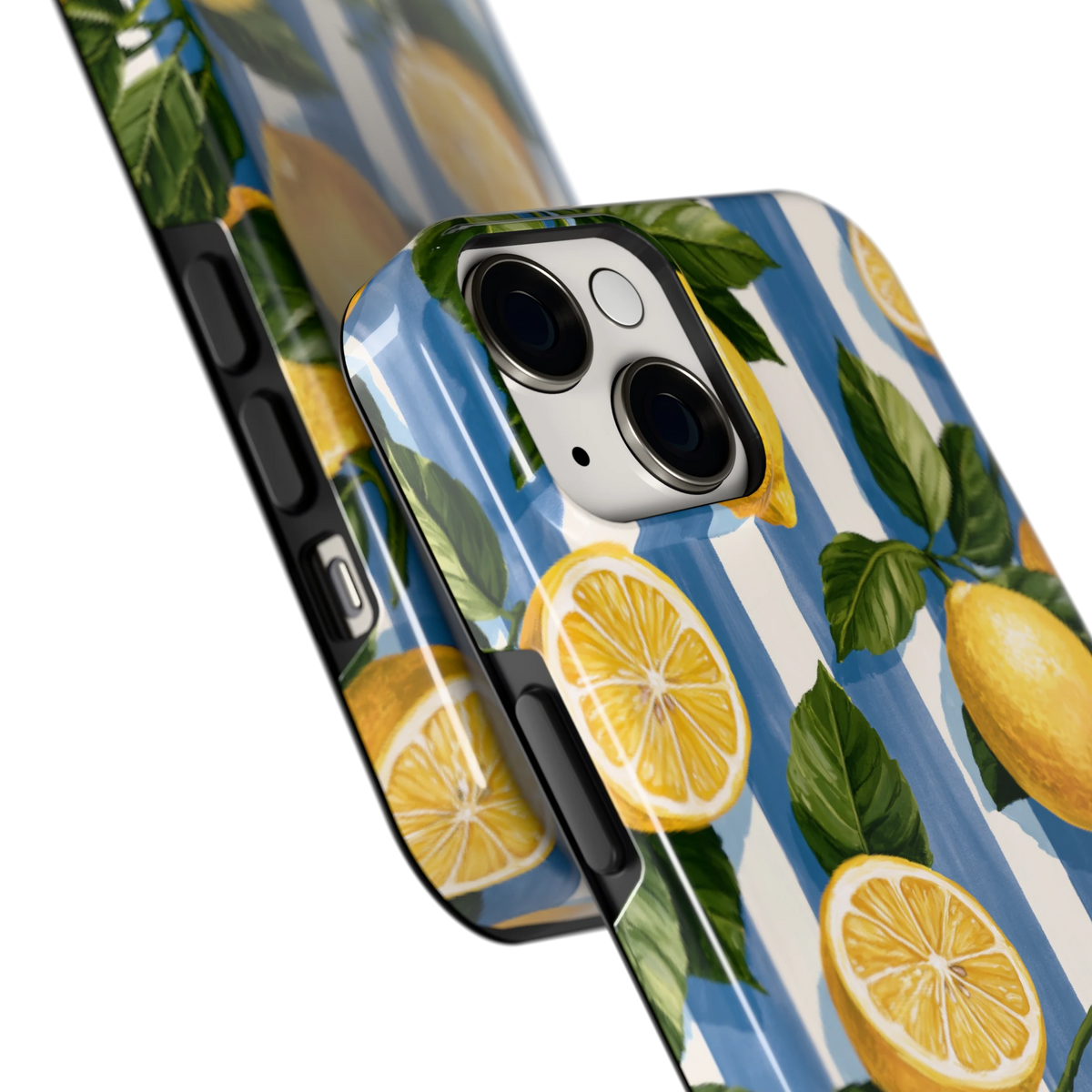 Citroenen op Strepen hoesje voor iPhone 14, close-up