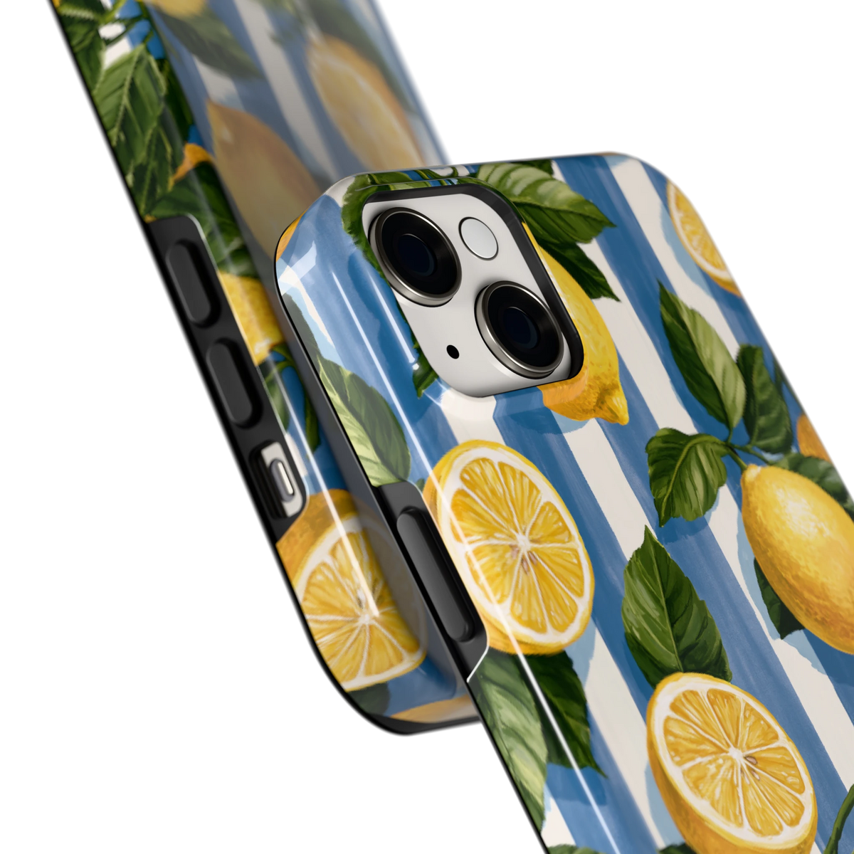 Citroenen op Strepen hoesje voor iPhone 14 Plus, close-up
