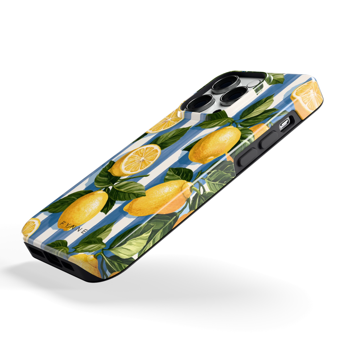 Citroenen op Strepen hoesje voor iPhone 14 Pro, schuin