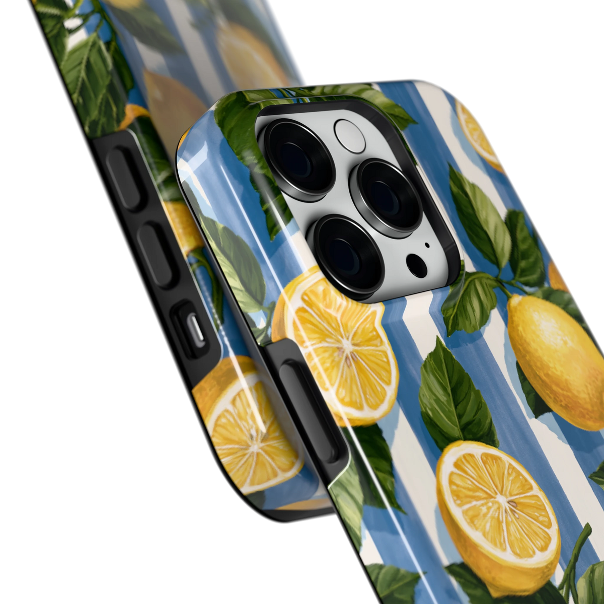 Citroenen op Strepen hoesje voor iPhone 14 Pro, close-up