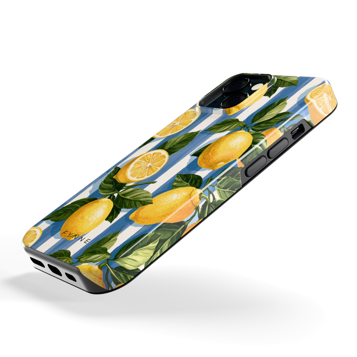 Citroenen op Strepen hoesje voor iPhone 15, schuin