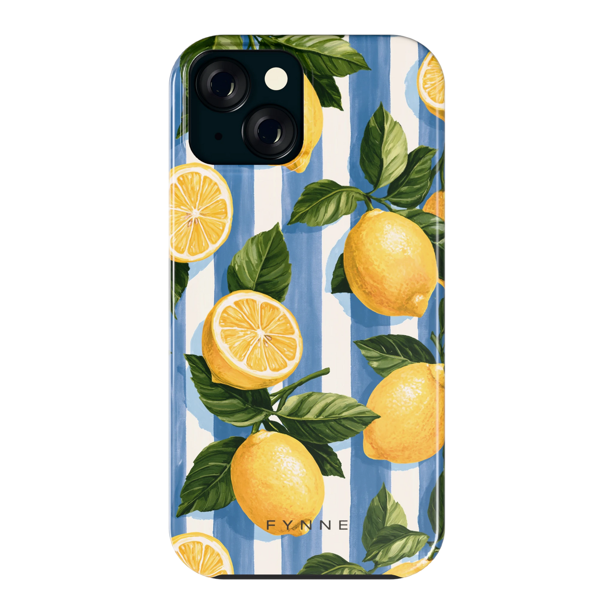 Citroenen op Strepen hoesje voor iPhone 15, achterkant