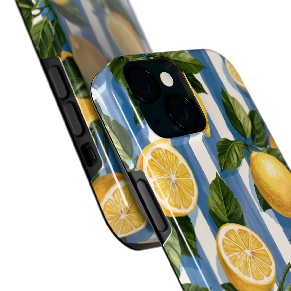 Citroenen op Strepen hoesje voor iPhone 15, close-up