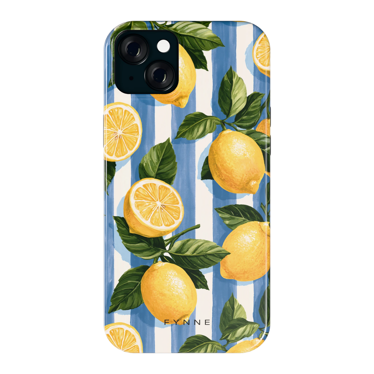 Citroenen op Strepen hoesje voor iPhone 15 Plus, achterkant