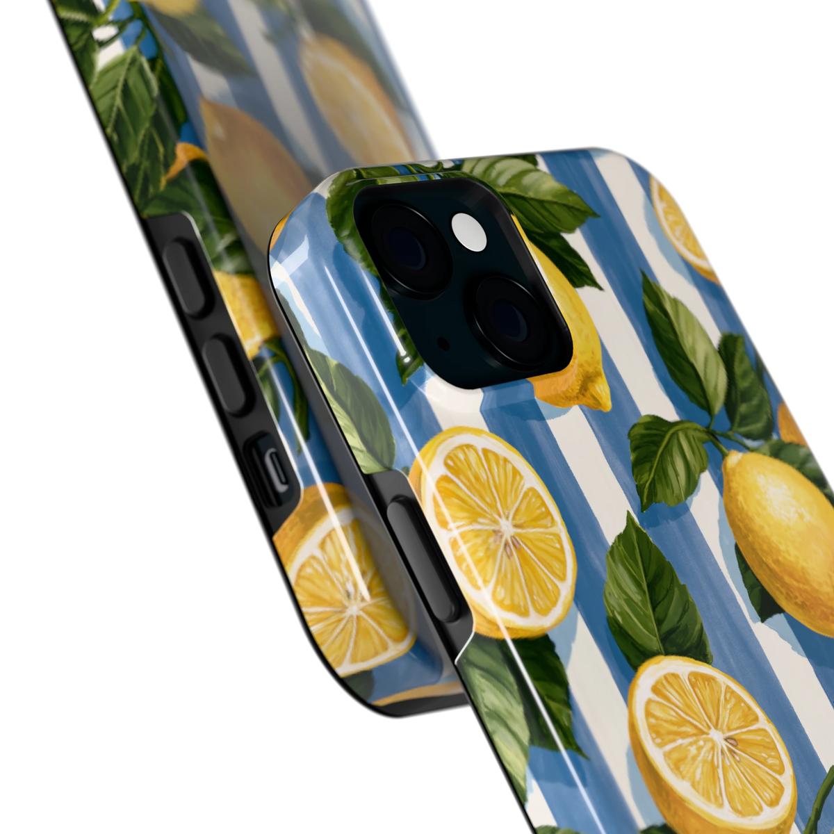 Citroenen op Strepen hoesje voor iPhone 15 Plus, close-up