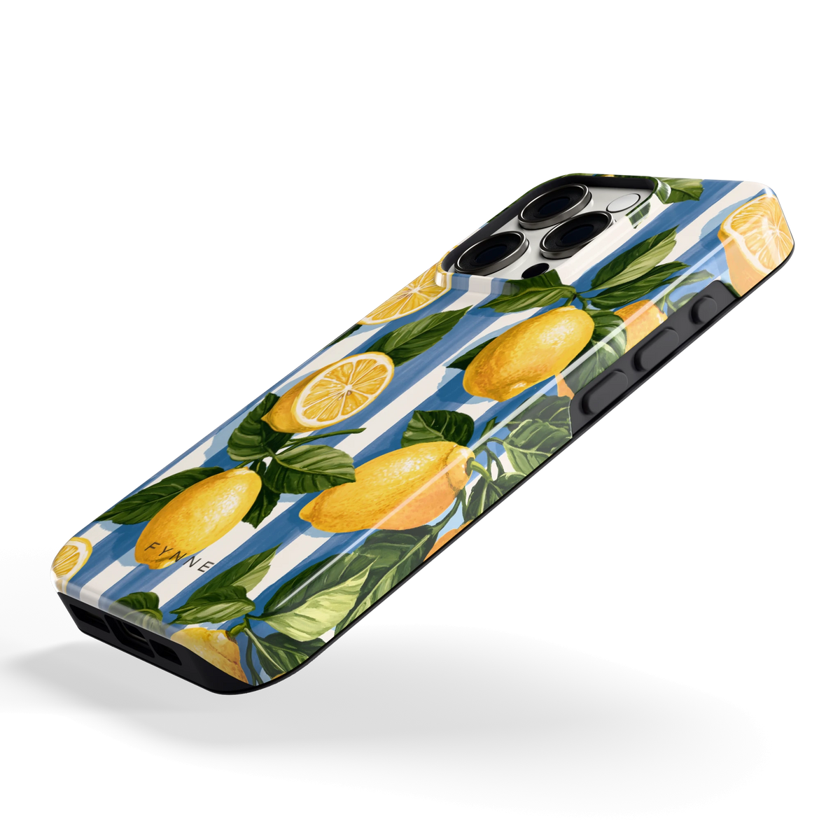 Citroenen op Strepen hoesje voor iPhone 15 Pro, schuin