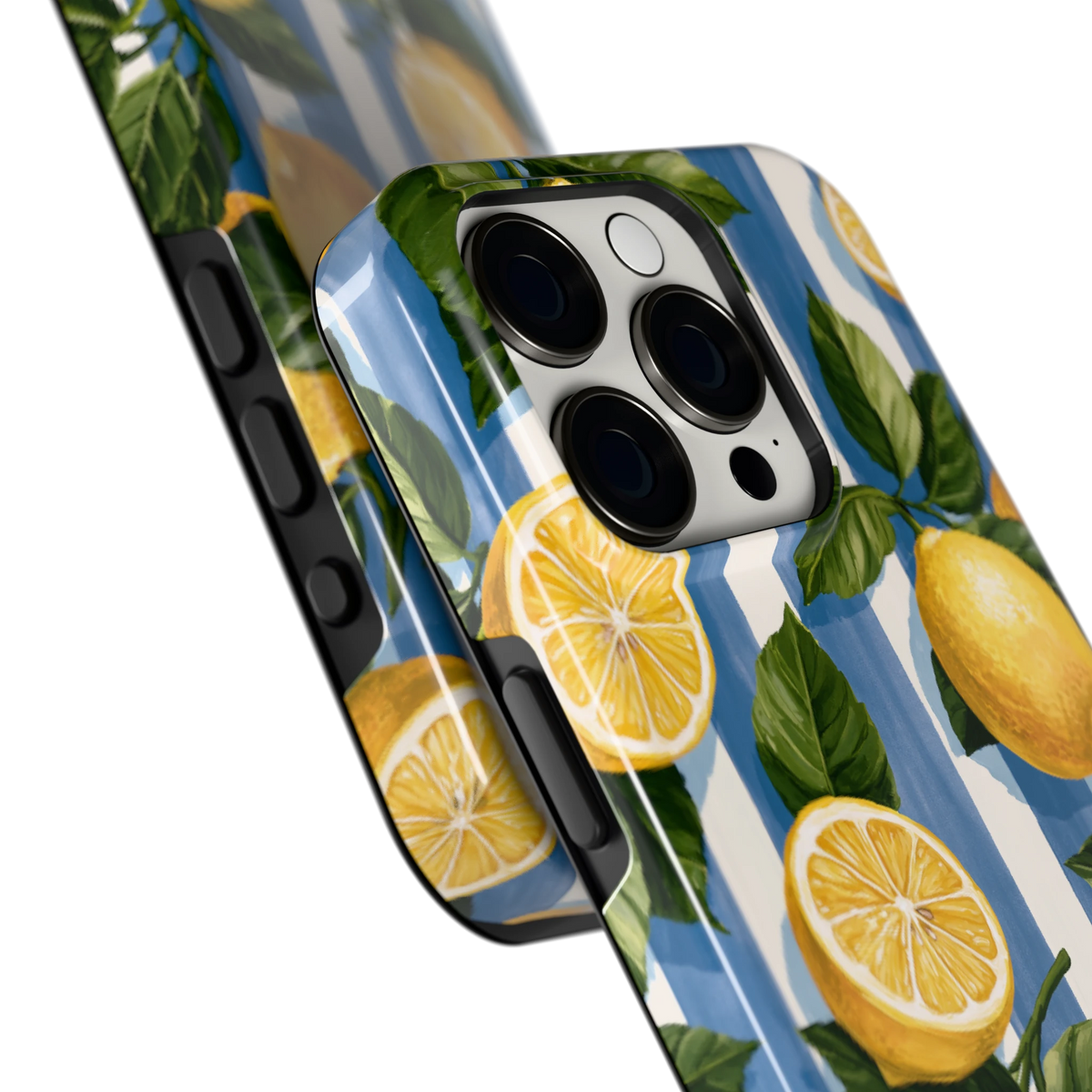 Citroenen op Strepen hoesje voor iPhone 15 Pro, close-up