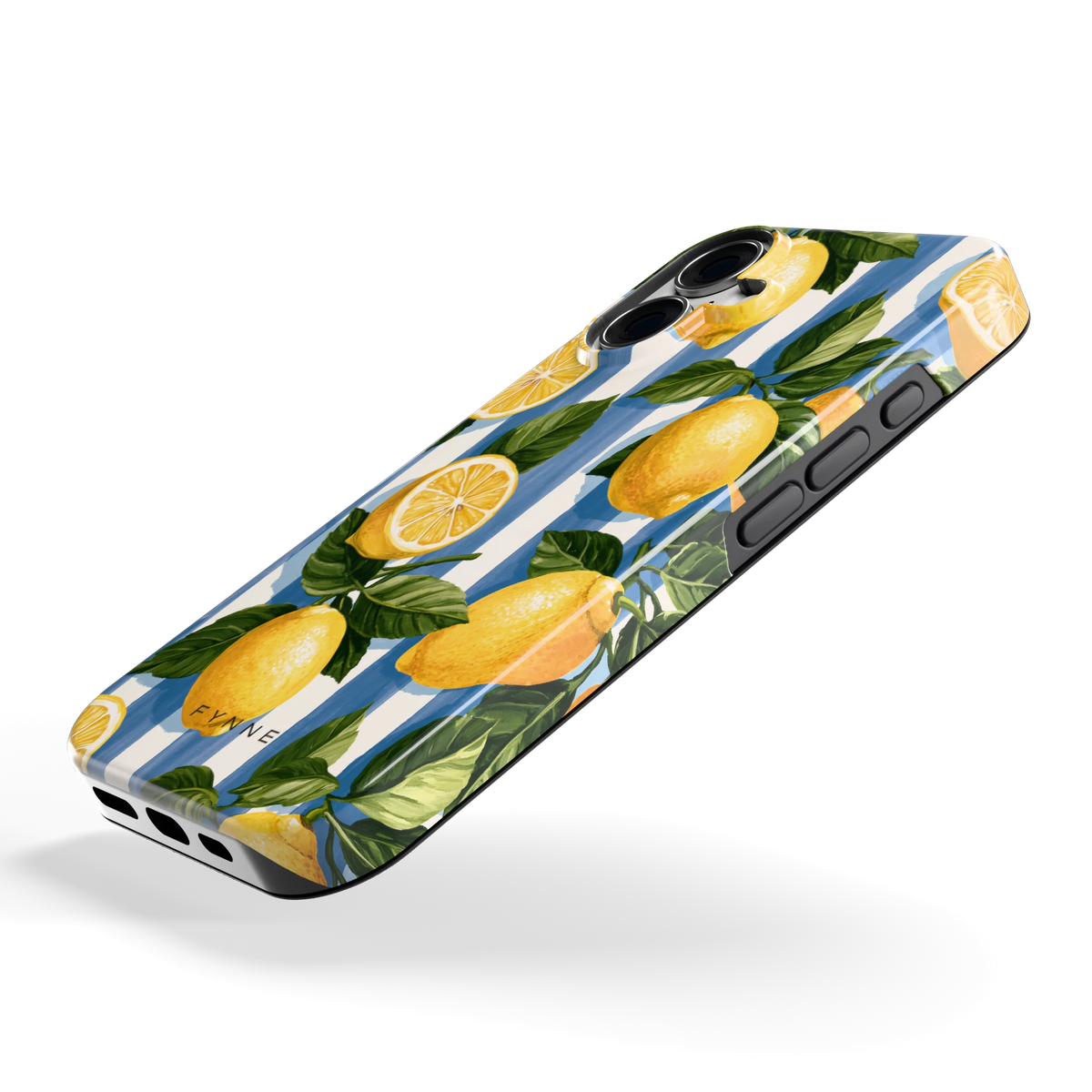 Citroenen op Strepen hoesje voor iPhone 16, schuin