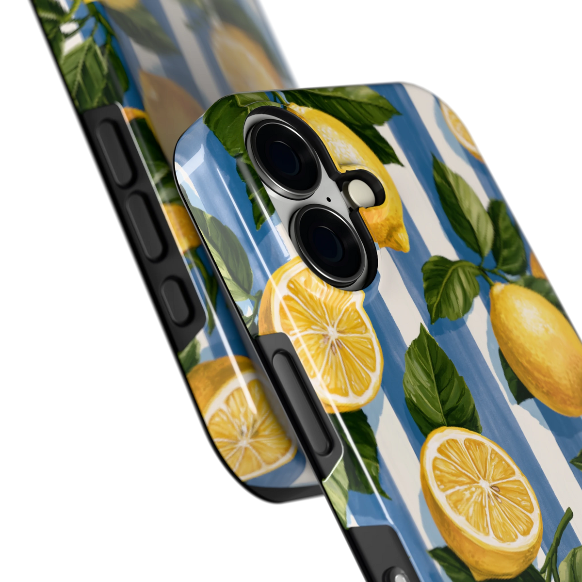 Citroenen op Strepen hoesje voor iPhone 16, close-up