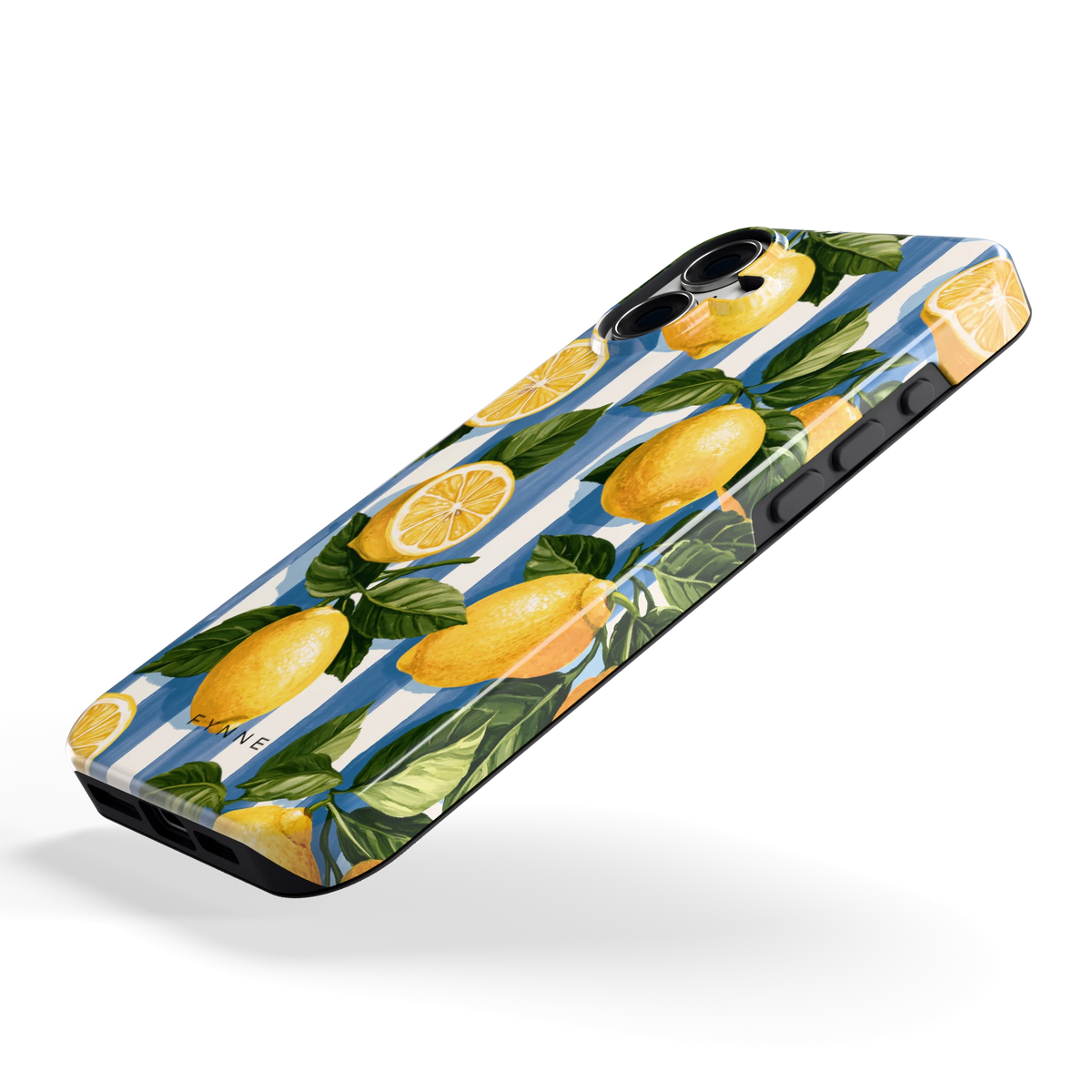 Citroenen op Strepen hoesje voor iPhone 16 Plus, schuin