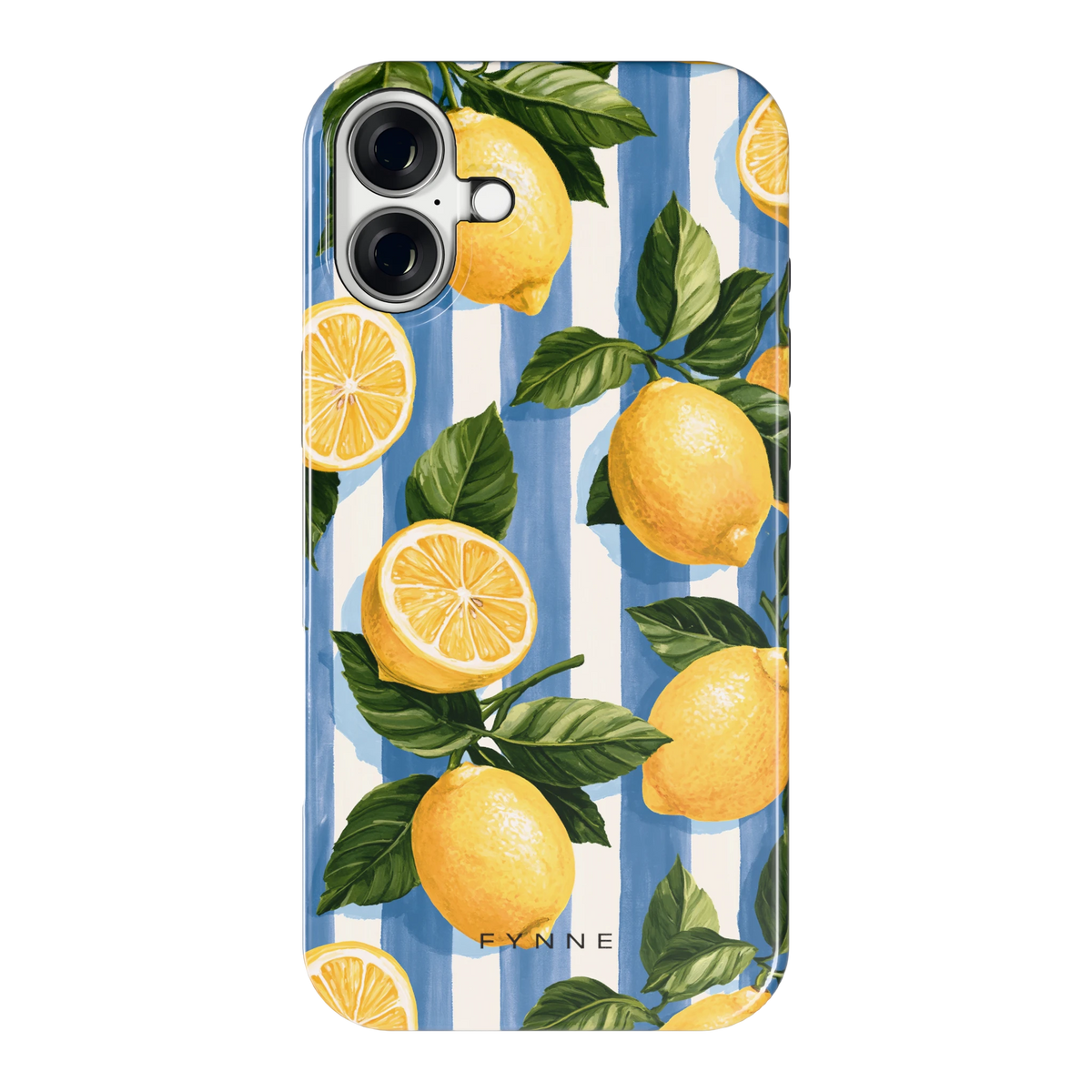 Citroenen op Strepen hoesje voor iPhone 16 Plus, achterkant