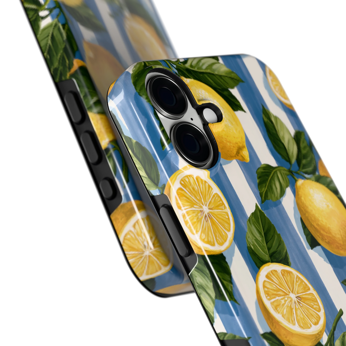 Citroenen op Strepen hoesje voor iPhone 16 Plus, close-up