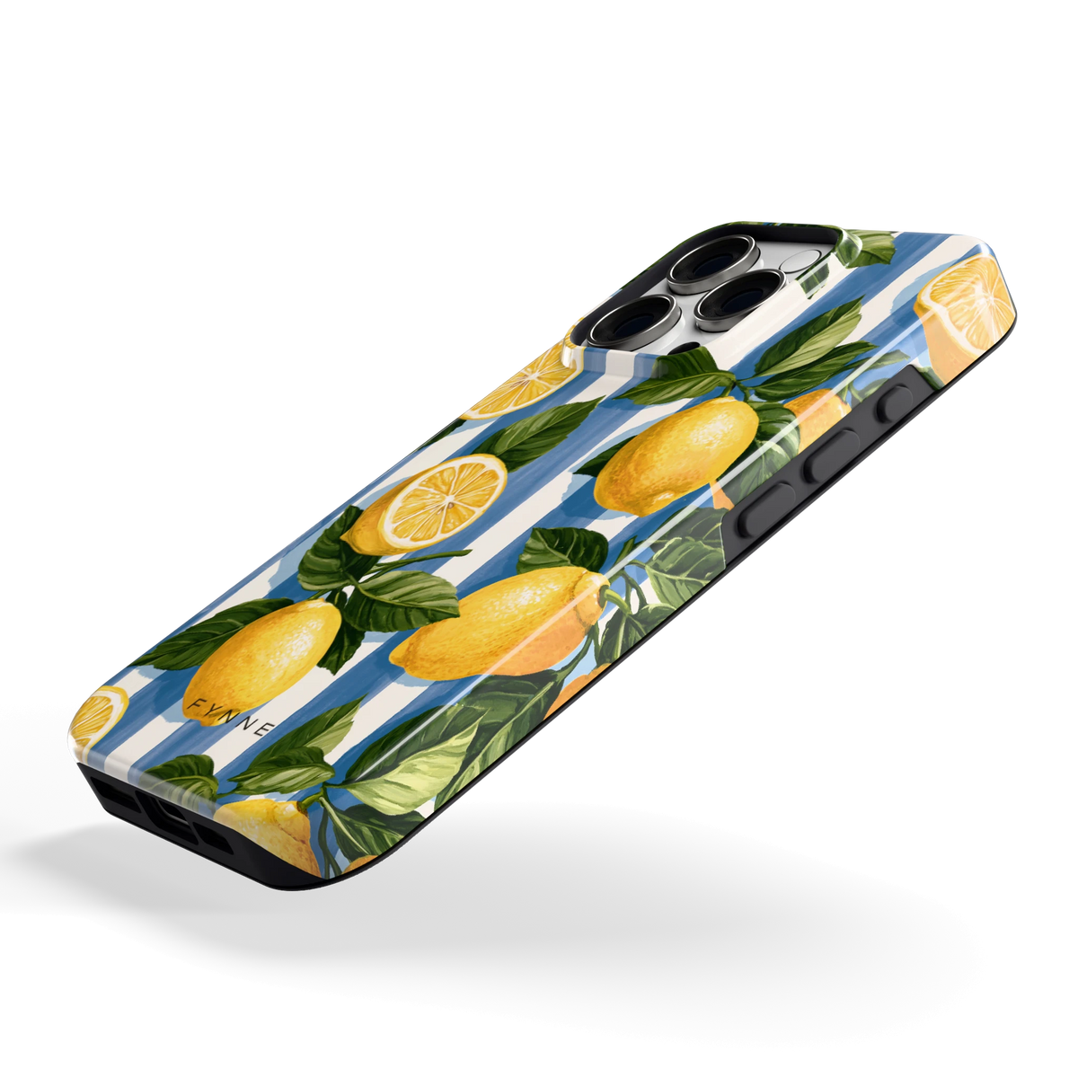 Citroenen op Strepen hoesje voor iPhone 16 Pro, schuin