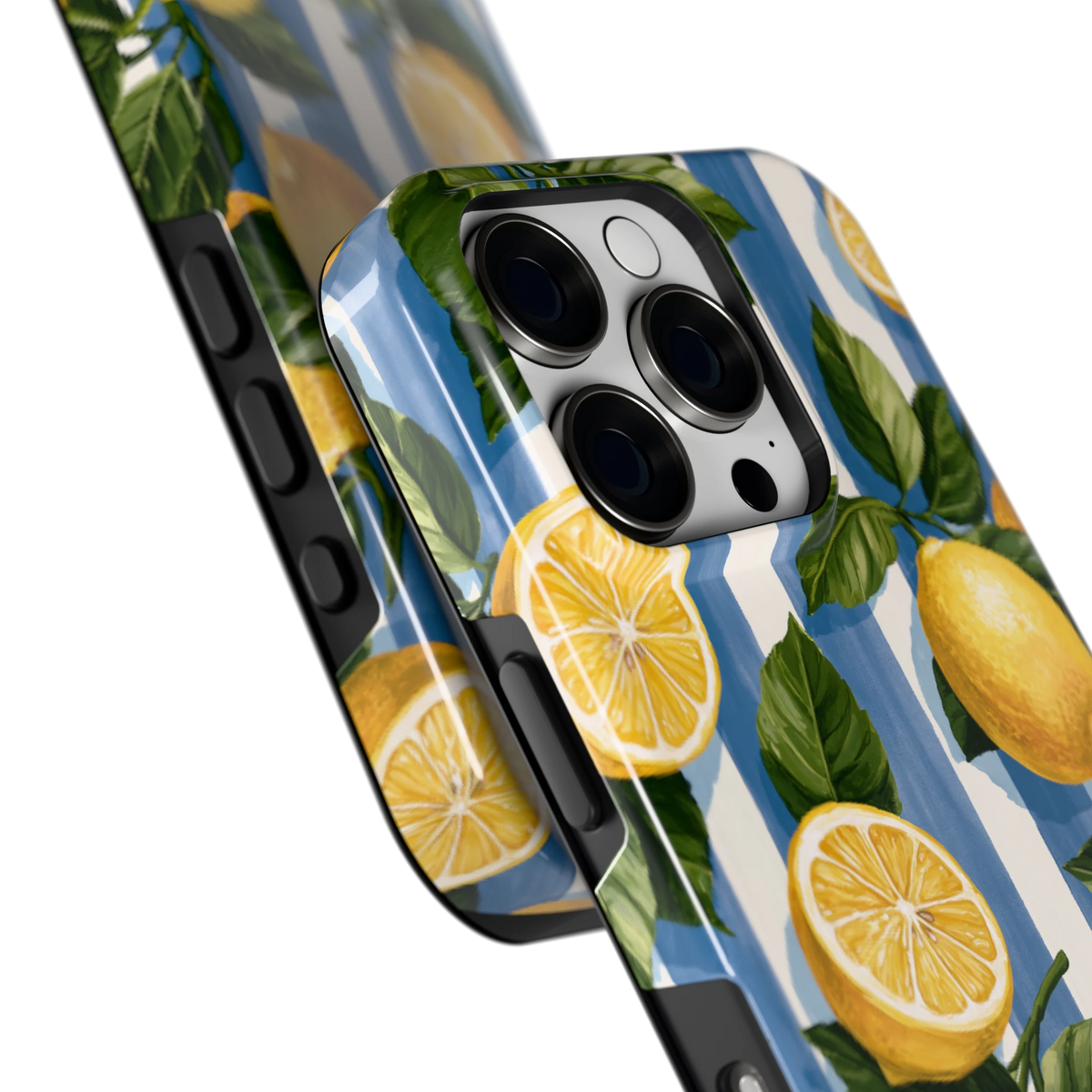 Citroenen op Strepen hoesje voor iPhone 16 Pro, close-up