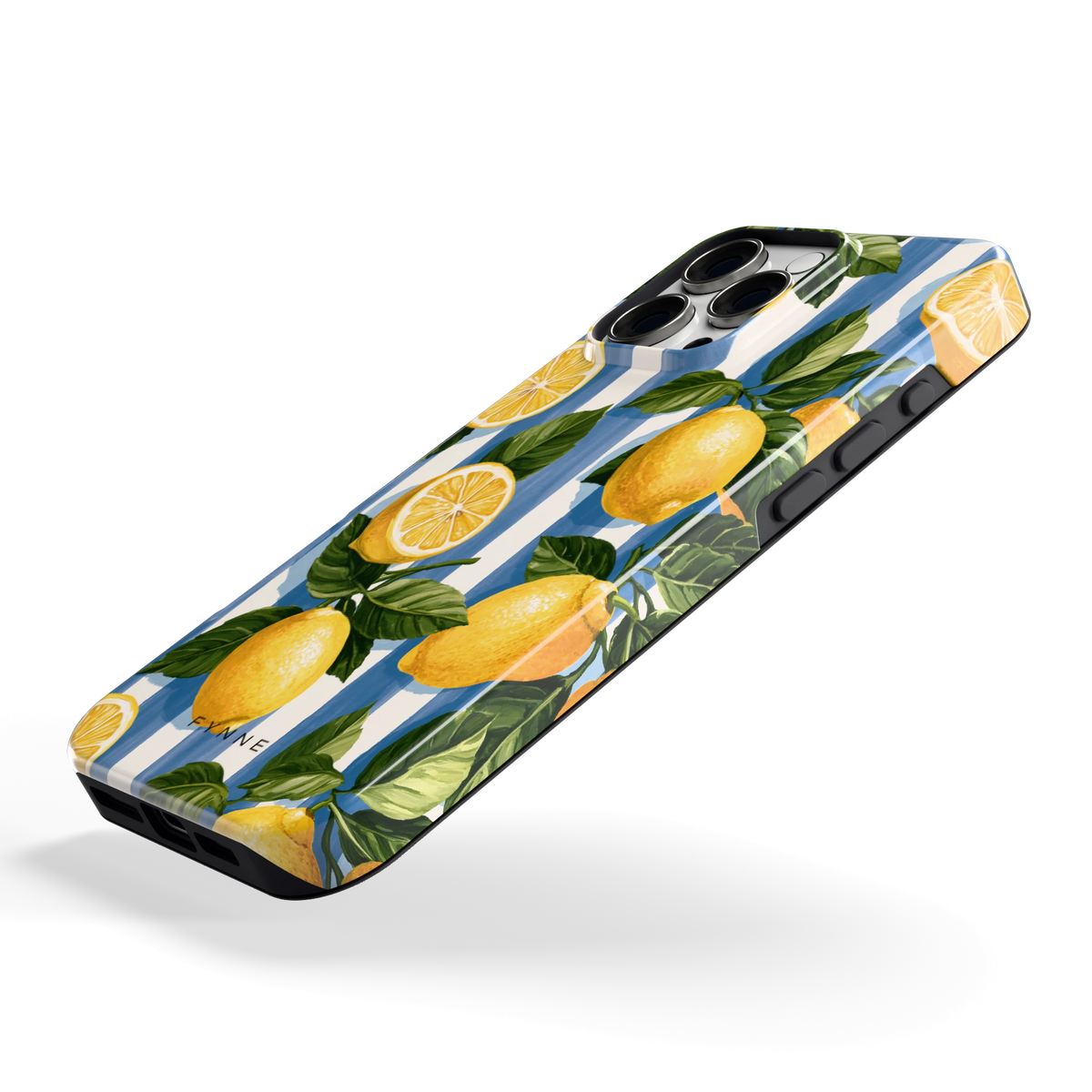 Citroenen op Strepen hoesje voor iPhone 16 Pro Max, schuin