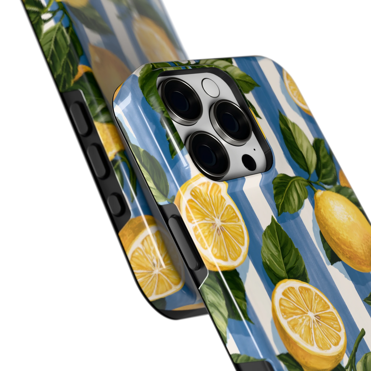 Citroenen op Strepen hoesje voor iPhone 16 Pro Max, close-up