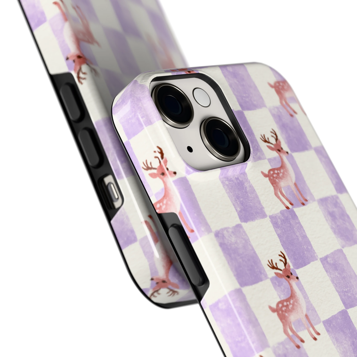 Lila Geruit Hert hoesje voor iPhone 14, close-up