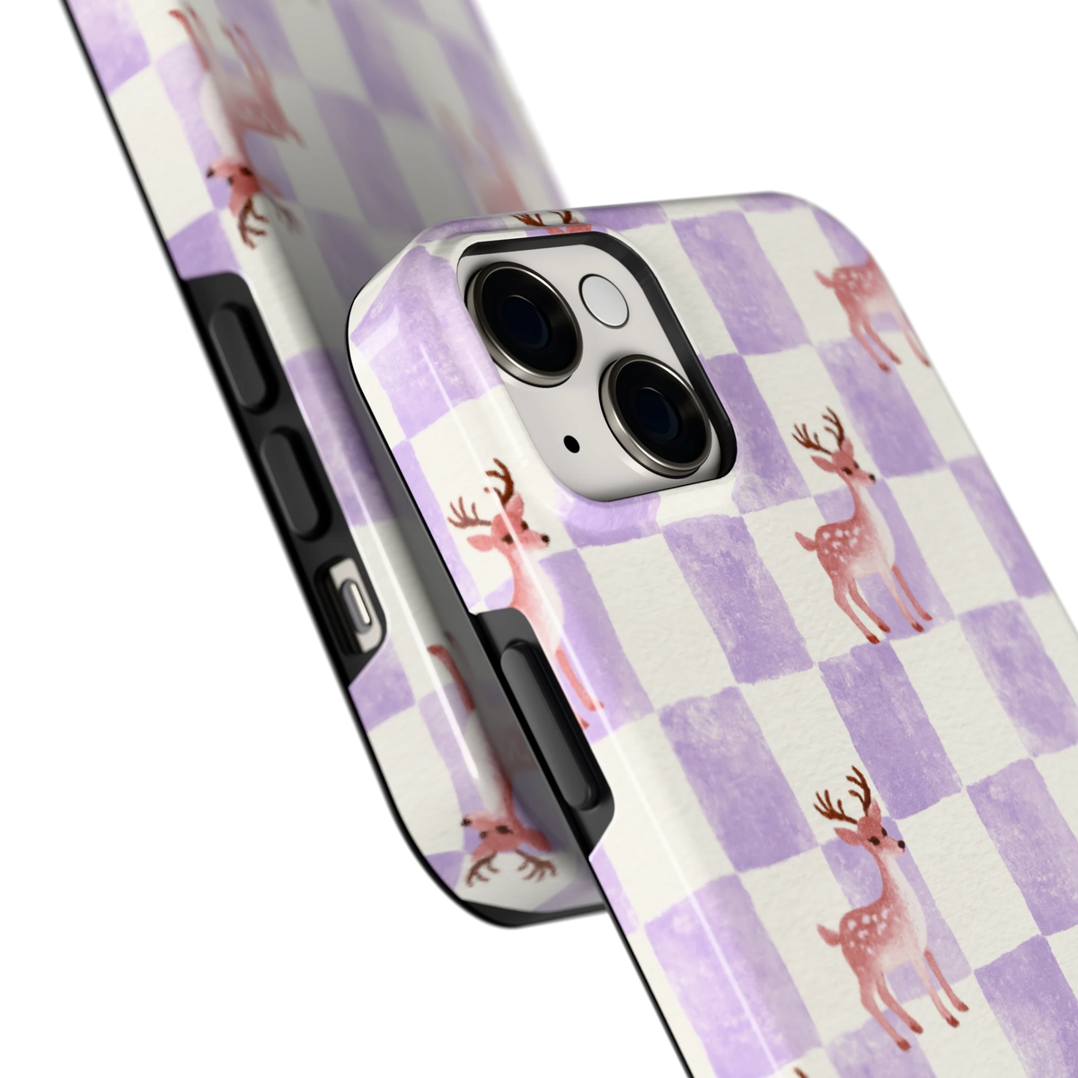 Lila Geruit Hert hoesje voor iPhone 14 Plus, close-up