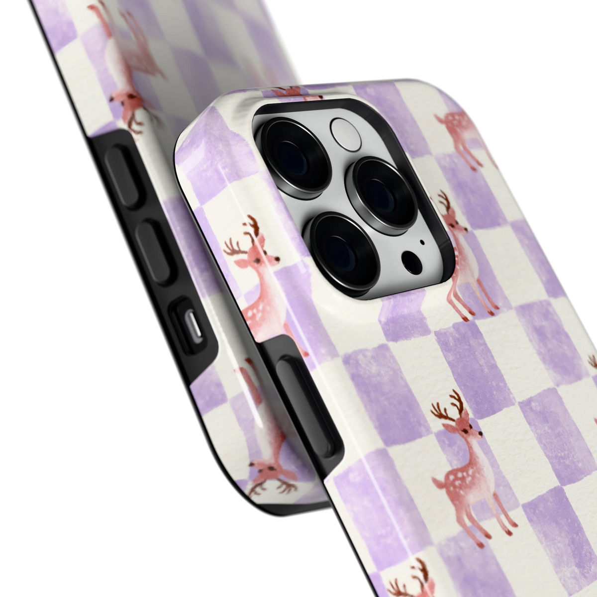 Lila Geruit Hert hoesje voor iPhone 14 Pro, close-up