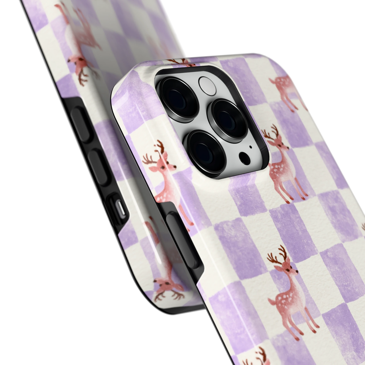 Lila Geruit Hert hoesje voor iPhone 14 Pro Max, close-up