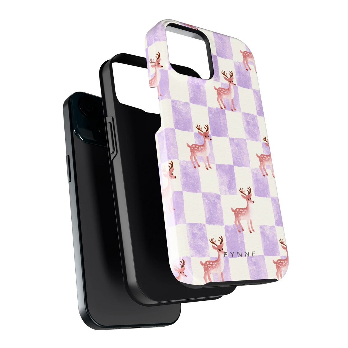 Lila Geruit Hert hoesje voor iPhone 15, los van de telefoon