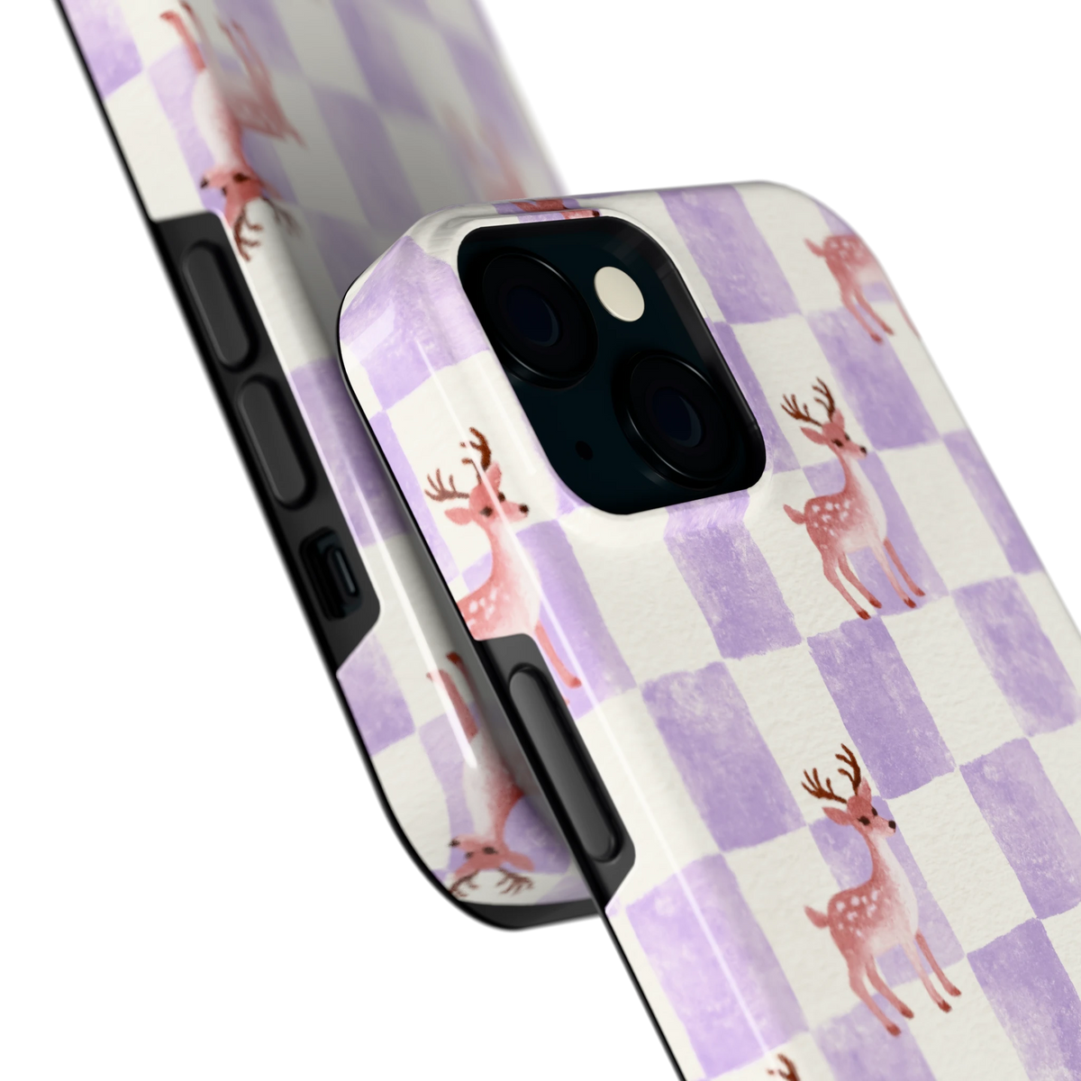 Lila Geruit Hert hoesje voor iPhone 15, close-up
