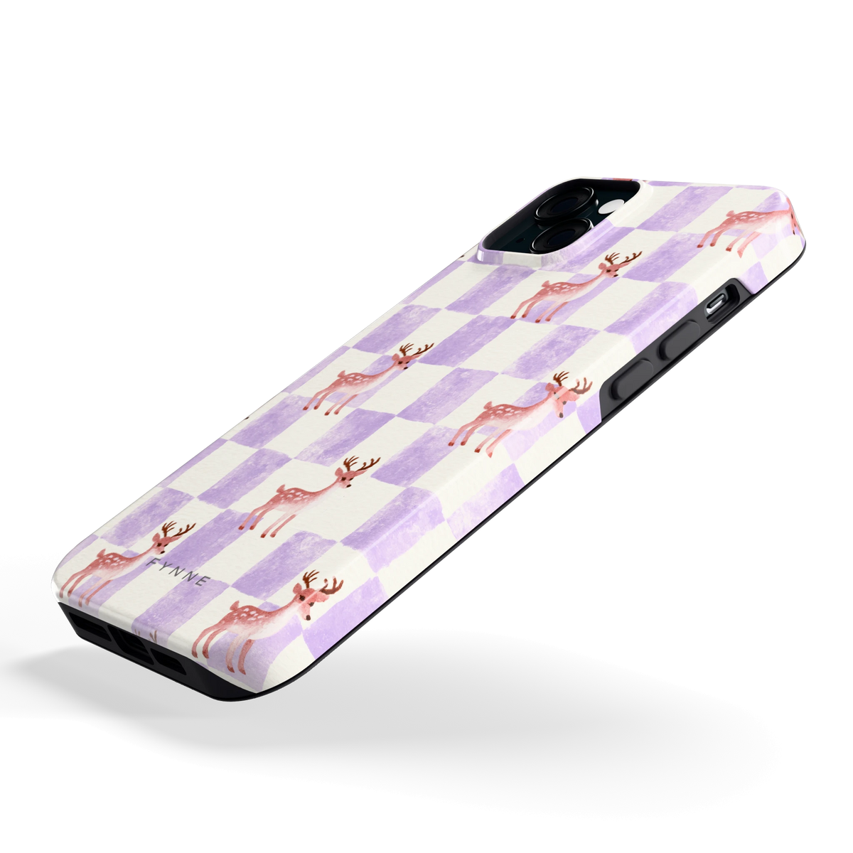 Lila Geruit Hert hoesje voor iPhone 15 Plus, schuin
