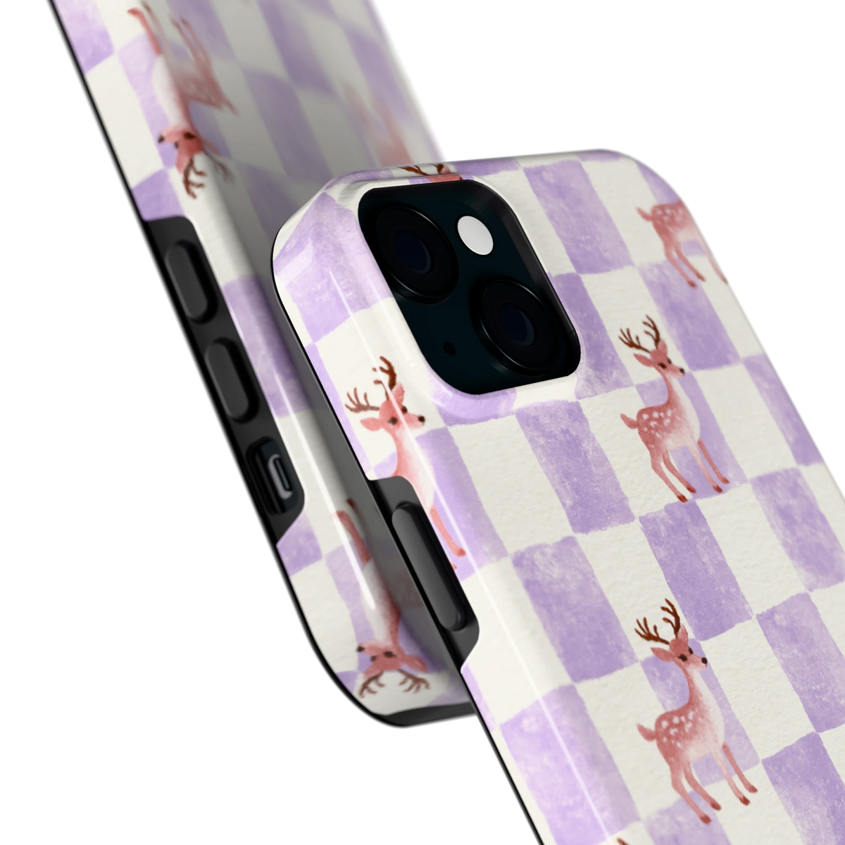 Lila Geruit Hert hoesje voor iPhone 15 Plus, close-up