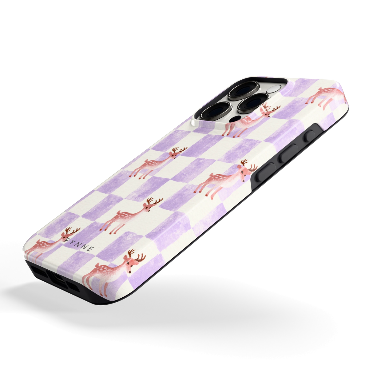 Lila Geruit Hert hoesje voor iPhone 15 Pro, schuin