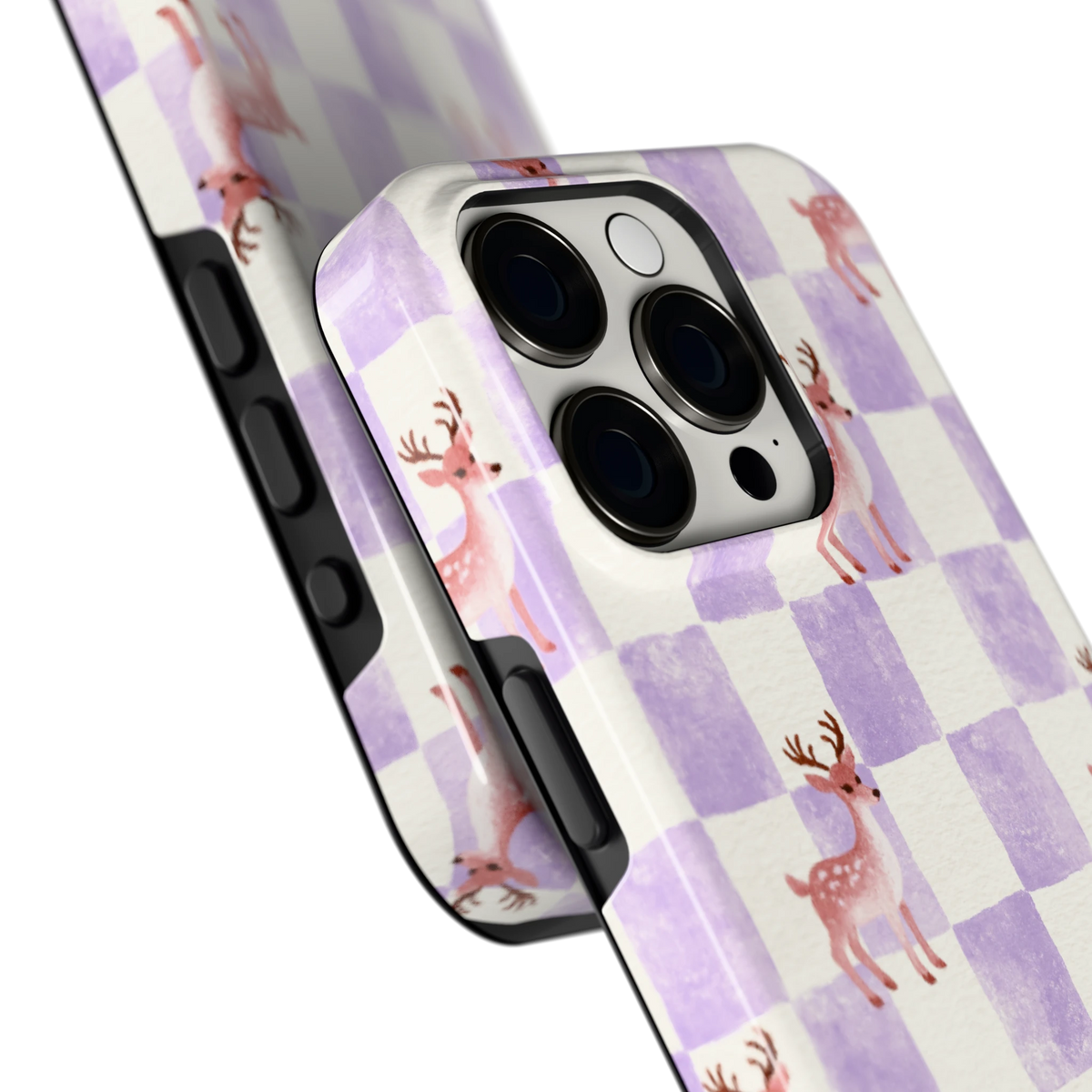 Lila Geruit Hert hoesje voor iPhone 15 Pro, close-up