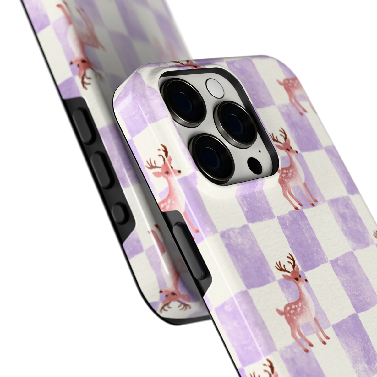 Lila Geruit Hert hoesje voor iPhone 15 Pro Max, close-up