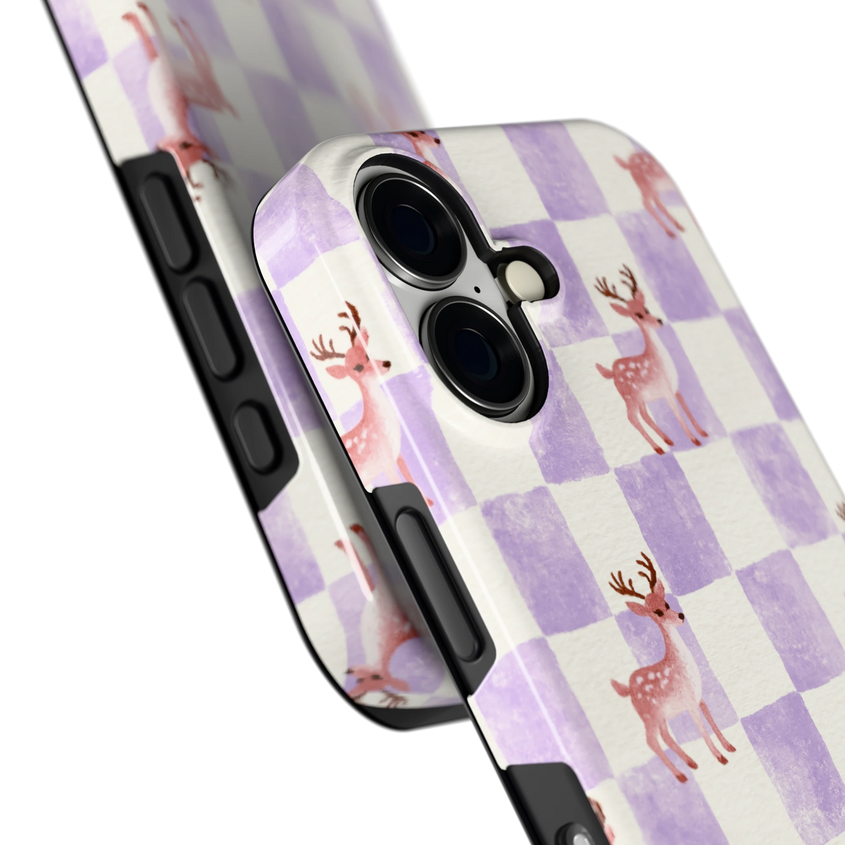 Lila Geruit Hert hoesje voor iPhone 16, close-up