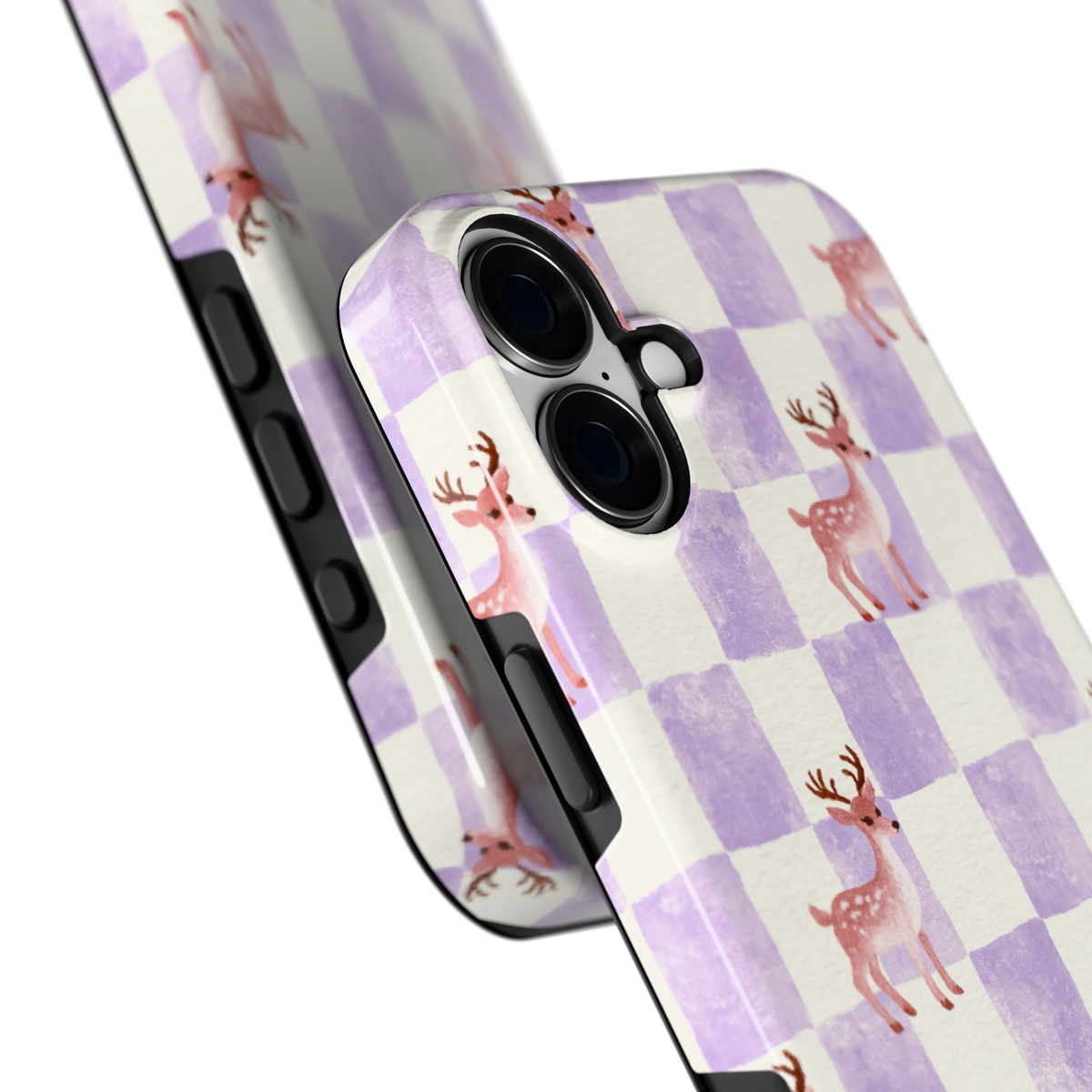 Lila Geruit Hert hoesje voor iPhone 16 Plus, close-up
