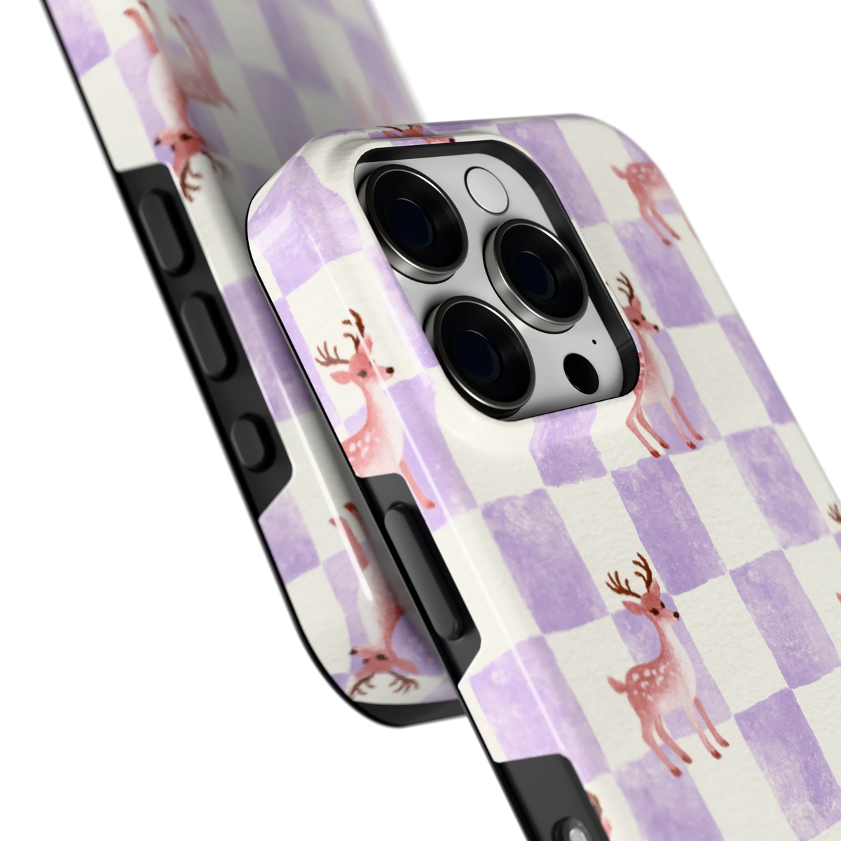 Lila Geruit Hert hoesje voor iPhone 16 Pro, close-up