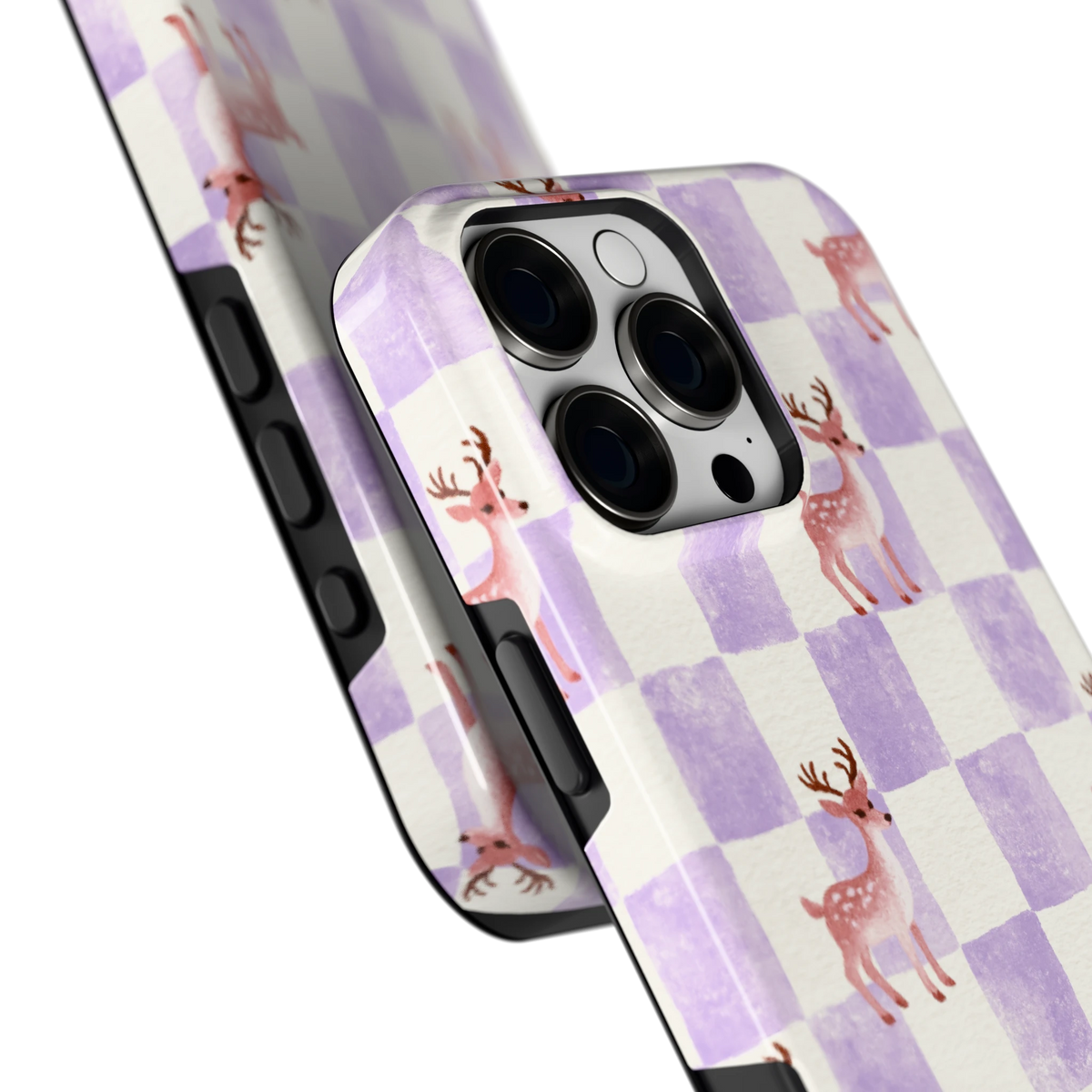 Lila Geruit Hert hoesje voor iPhone 16 Pro Max, close-up