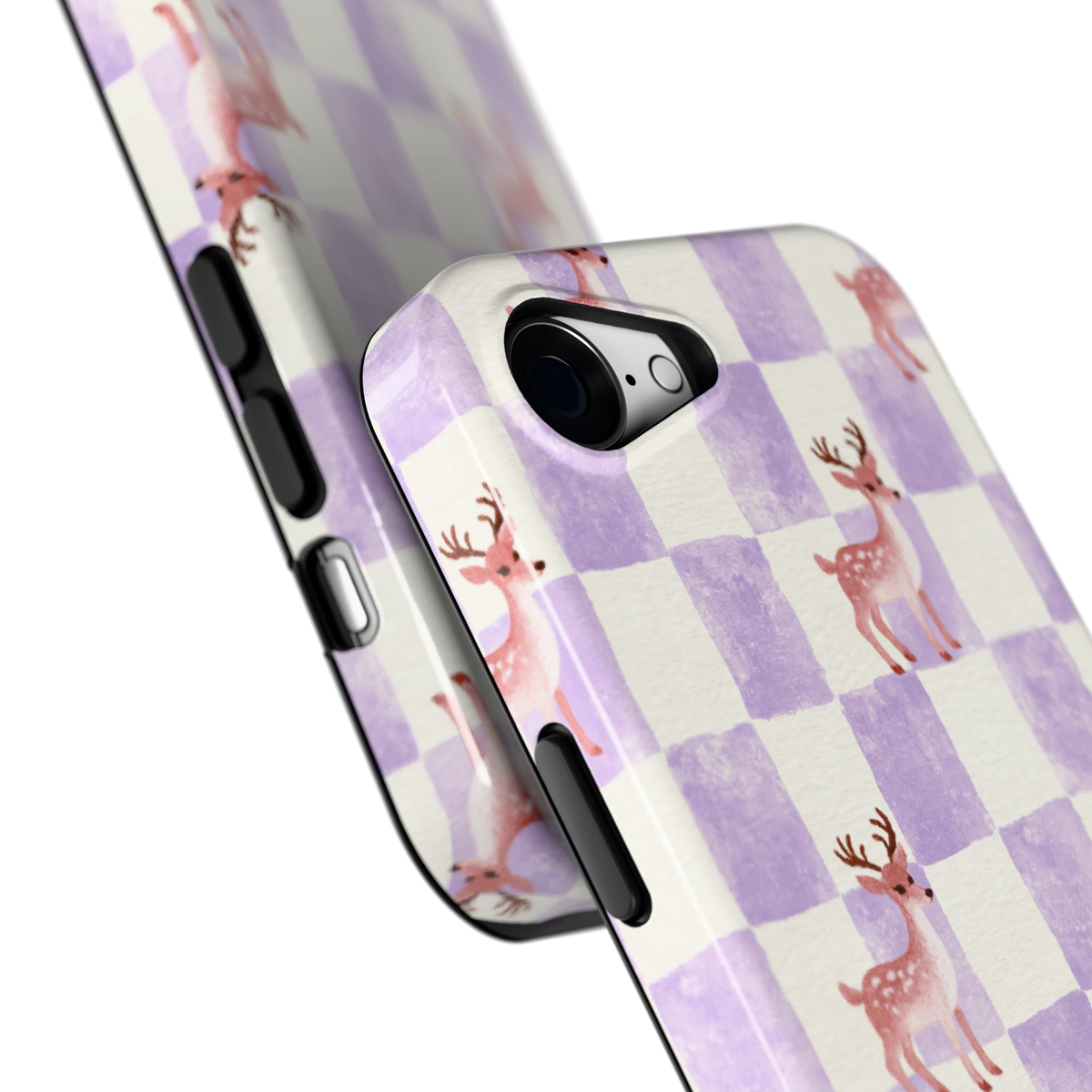 Lila Geruit Hert hoesje voor iPhone 16e, close-up